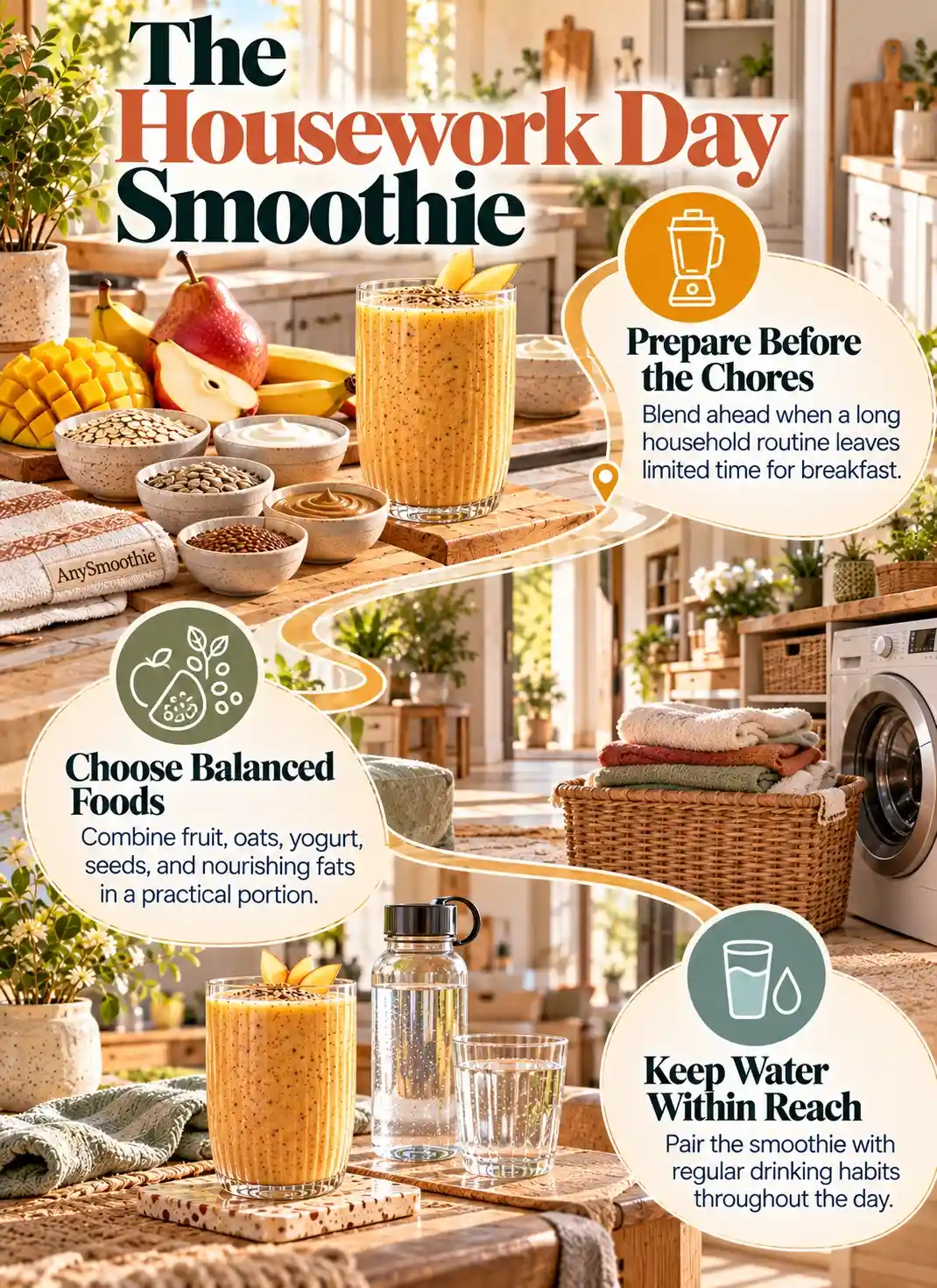 Smoothies before a long day of housework infographic featuring a mango, pear, banana and oat smoothie, balanced foods, water, and practical home-preparation scenes.