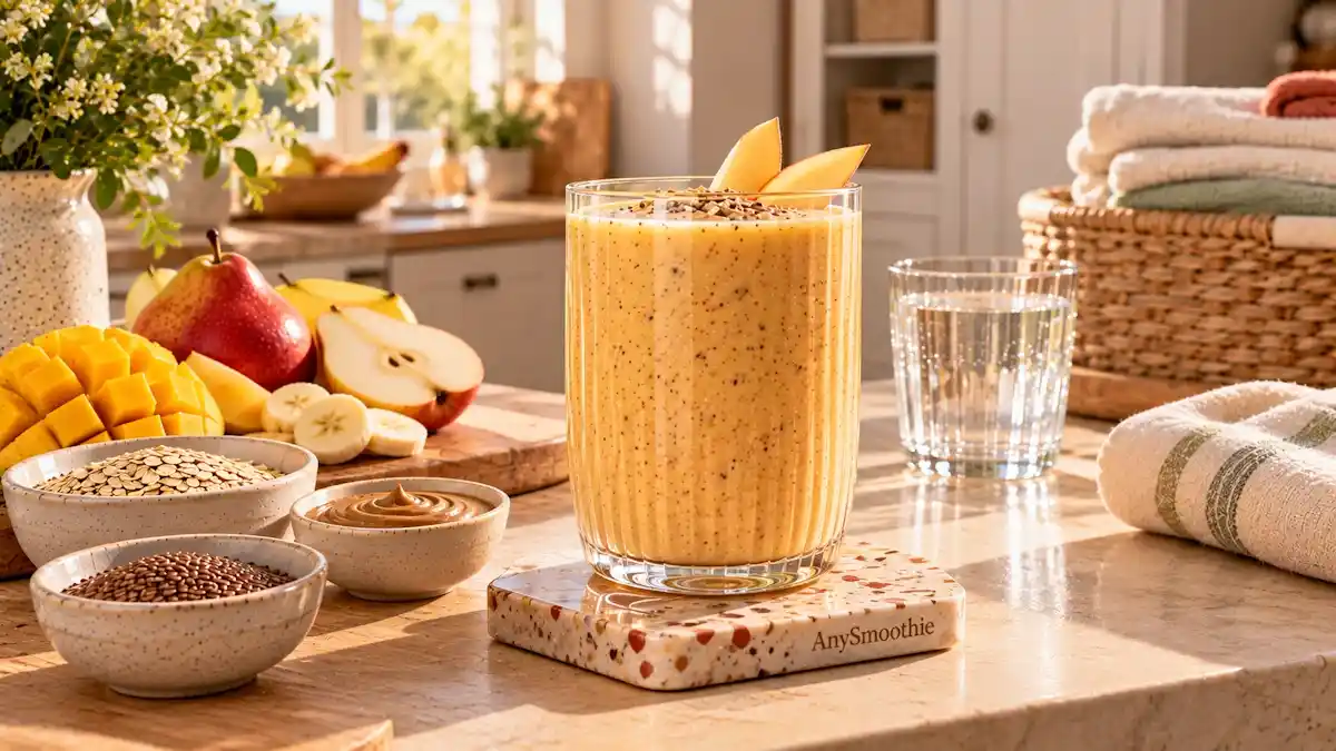 Smoothies before a long day of housework featuring a creamy mango, red pear, banana, oat, Greek yogurt, sunflower seed butter, and flaxseed smoothie in a bright home kitchen.
