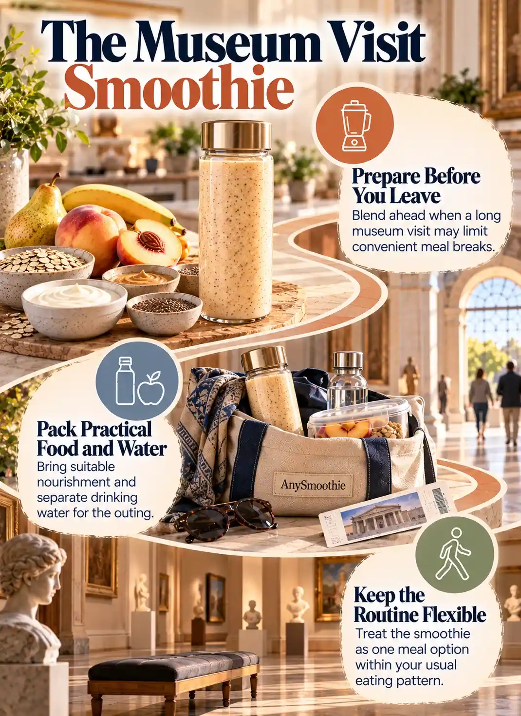 Smoothies before a museum visit infographic showing pre-outing preparation, practical food and water packing, and a flexible meal routine during a long museum visit.