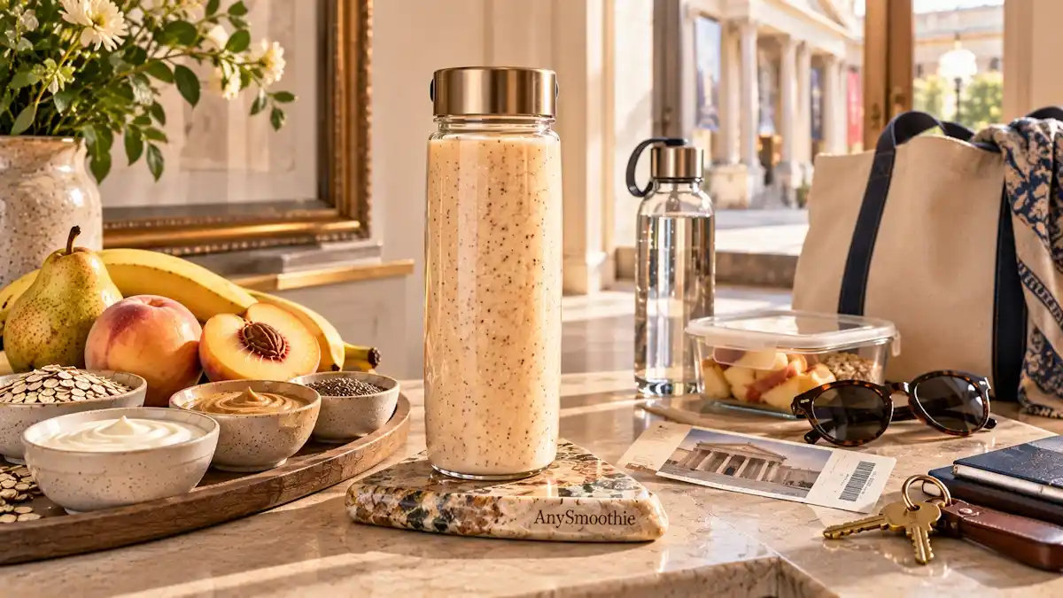Smoothies before a museum visit featuring a creamy white peach, pear, banana, oat, Greek yogurt, cashew butter, and chia seed smoothie prepared for a day out.