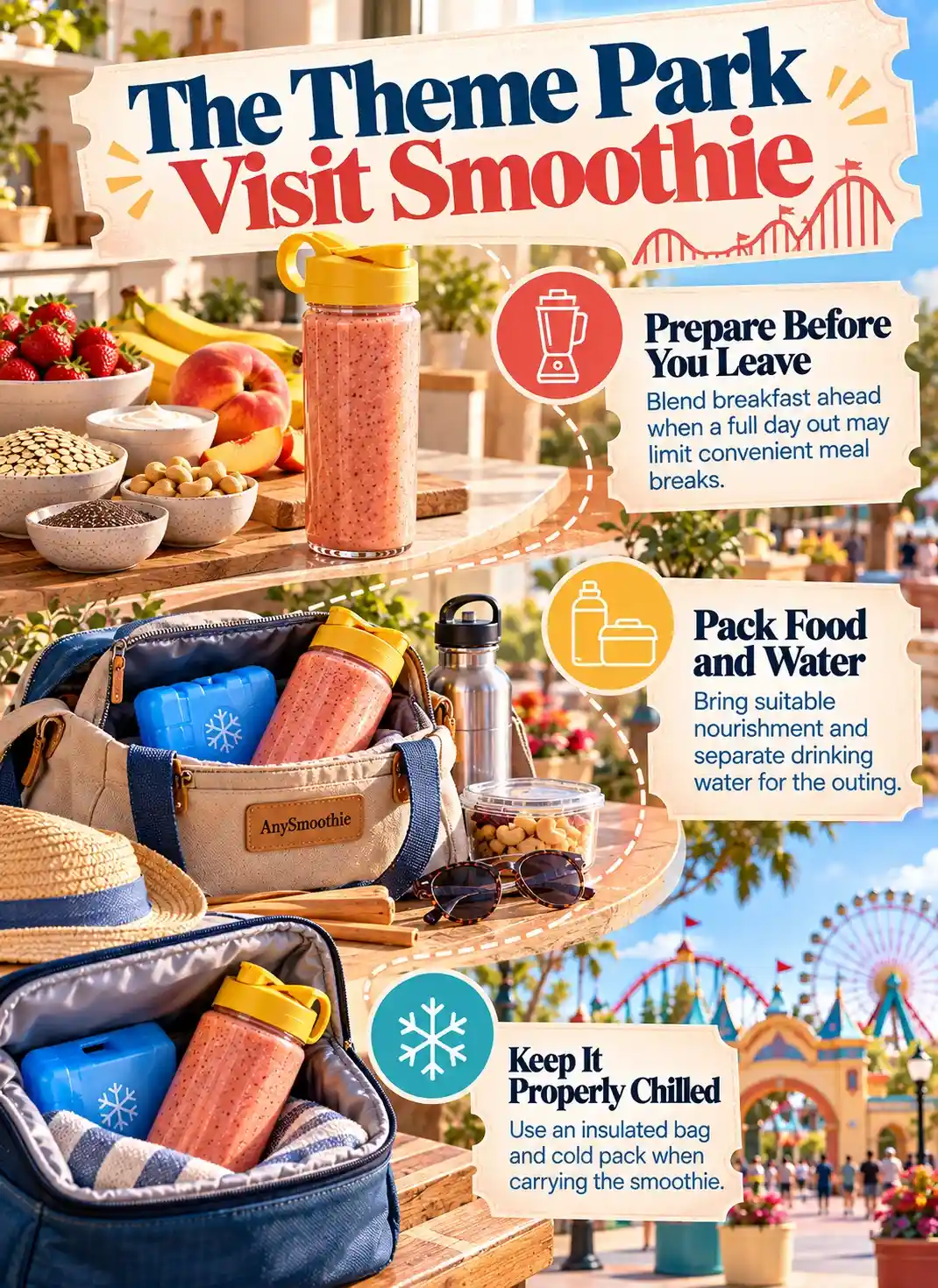 Smoothies before a theme park visit infographic showing smoothie preparation, practical food and water packing, and insulated cold storage before a day at an amusement park.