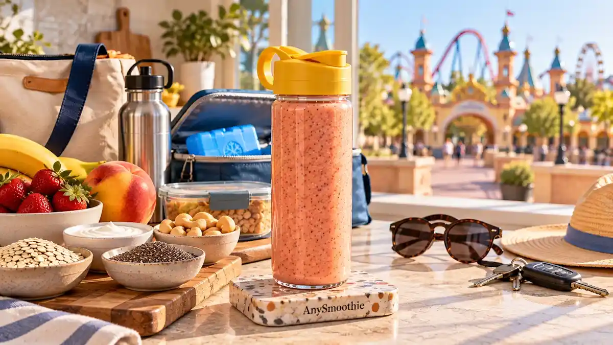 Smoothies before a theme park visit featuring a portable strawberry, peach, banana, oat, Greek yogurt, cashew butter, and chia seed smoothie in a bright pre-outing kitchen setting.
