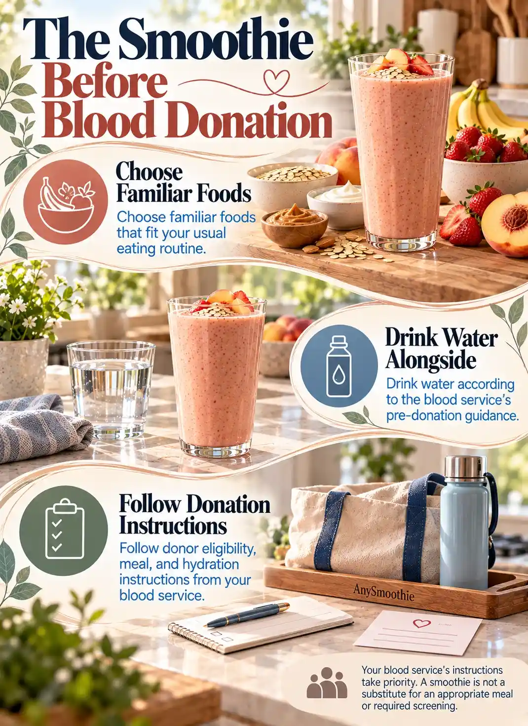 Smoothies before blood donation infographic showing familiar foods, water intake, and following blood donation instructions before a scheduled donation.