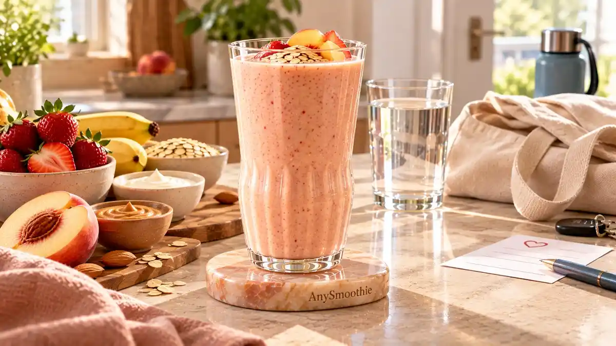 Smoothies before blood donation featuring a soft strawberry-apricot smoothie made with strawberries, banana, white peach, Greek yogurt, oats, and almond butter in a bright home kitchen.