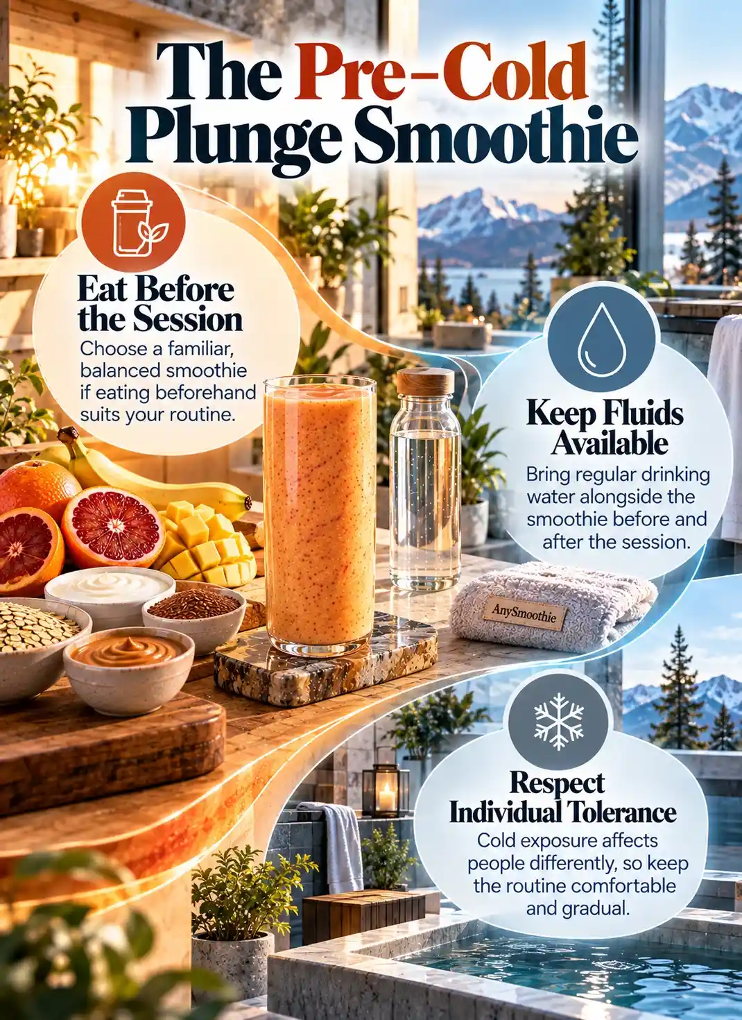 Smoothies before cold plunge sessions infographic featuring a balanced smoothie, drinking water, individual tolerance, and a warm-to-cool wellness setting.