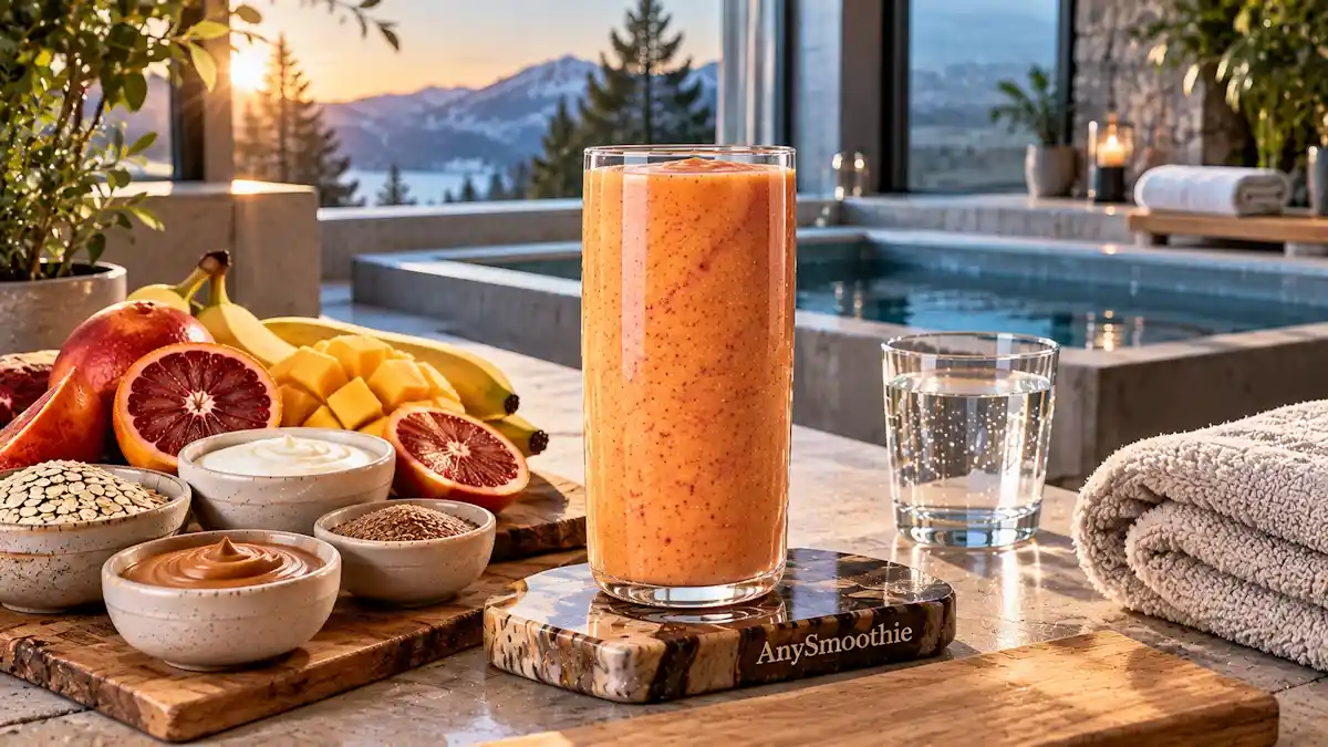Smoothies before cold plunge sessions featuring a blood orange, mango, banana, oat, Greek yogurt, almond butter, and flaxseed smoothie in a refined wellness retreat setting.