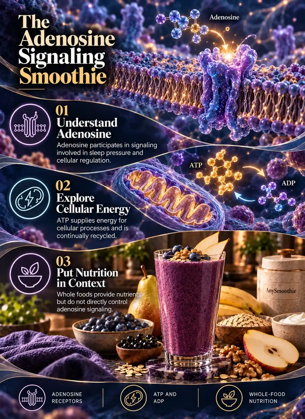 Smoothies for adenosine signaling infographic explaining adenosine receptors, ATP and ADP cellular energy recycling, and whole-food nutrition.