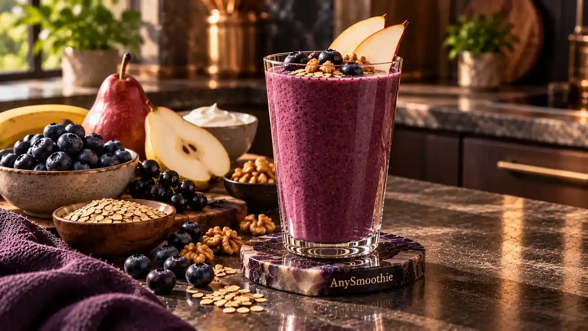 Smoothies for adenosine signaling featuring a deep blueberry-plum smoothie made with blueberries, blackcurrants, pear, banana, Greek yogurt, oats, and walnut butter.