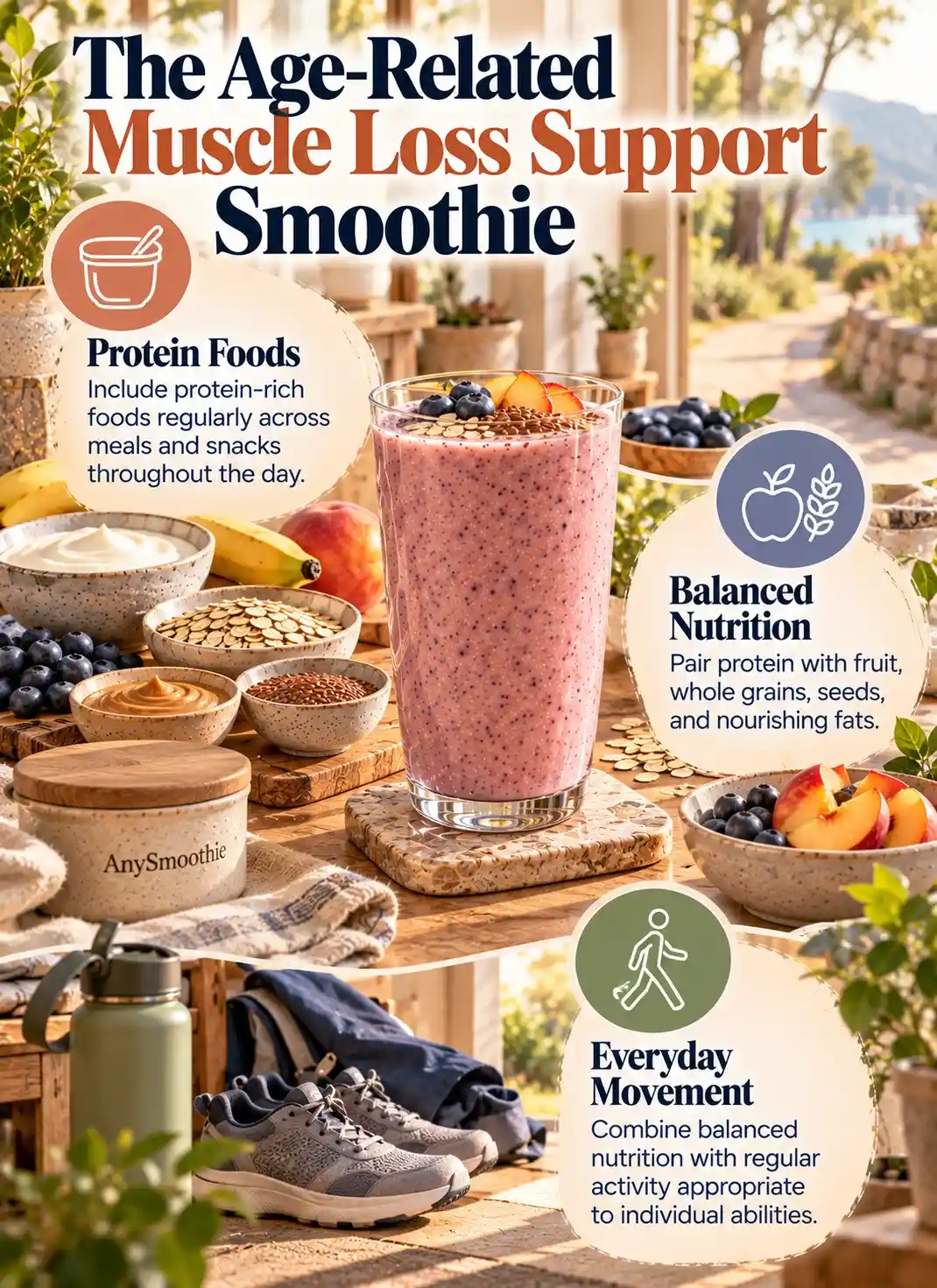 Smoothies for age-related muscle loss support infographic featuring protein-rich foods, balanced nutrition, and everyday movement alongside a peach and blueberry smoothie.