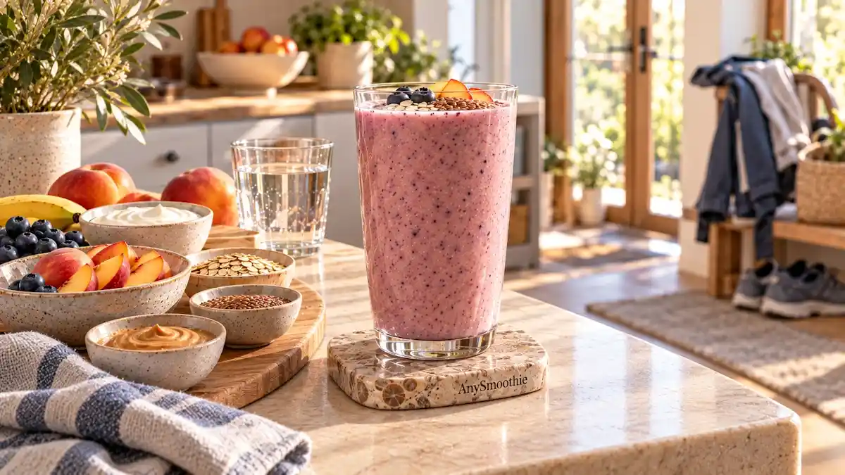Smoothies for age-related muscle loss support featuring a creamy peach, blueberry, banana, oat, Greek yogurt, almond butter, and flaxseed smoothie in a sunlit home kitchen.