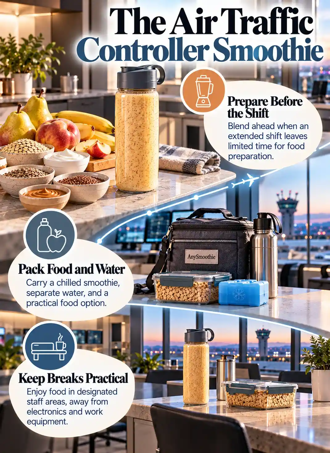 Smoothies for air traffic controllers infographic showing pre-shift smoothie preparation, practical food and water packing, and a clean staff break area.