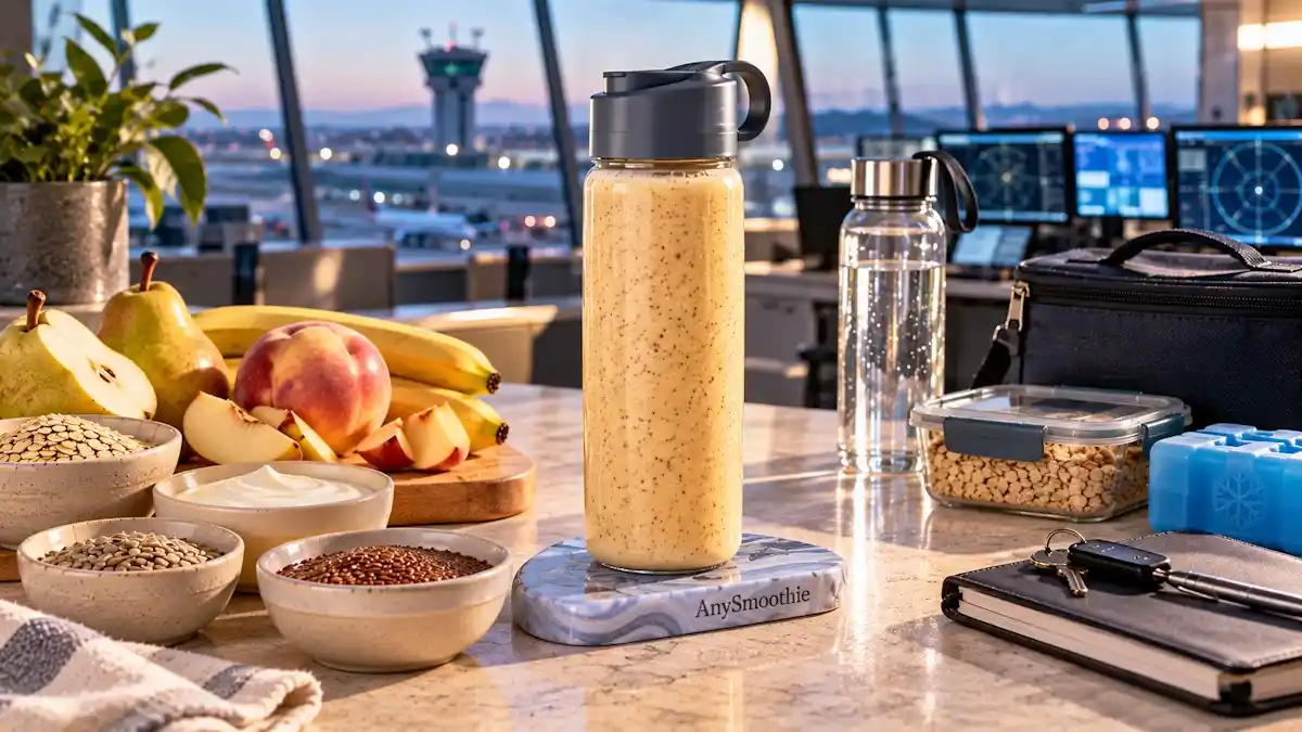 Smoothies for air traffic controllers featuring a portable golden pear, banana, white peach, oat, Greek yogurt, sunflower seed butter, and flaxseed smoothie prepared for a long shift.