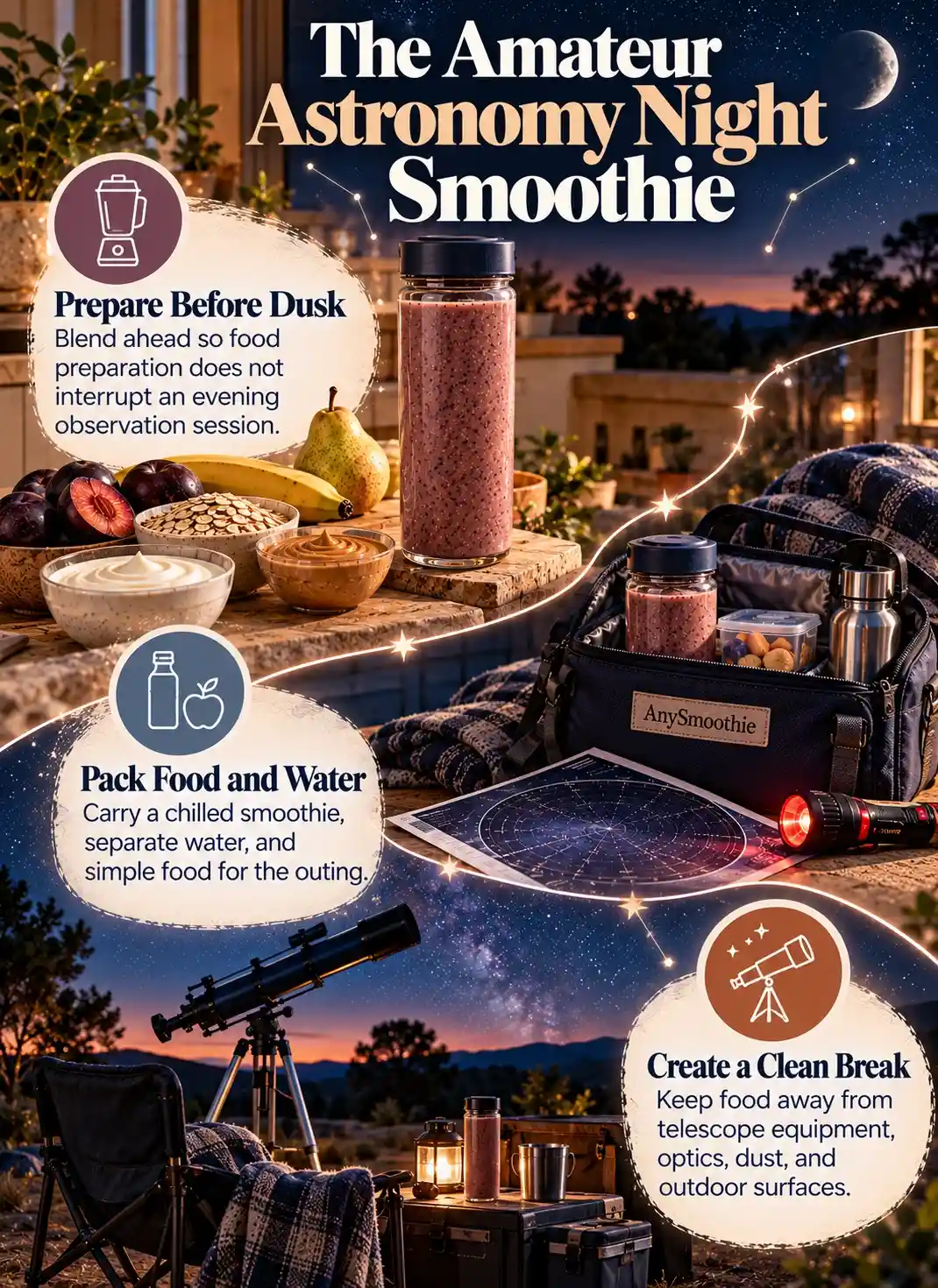 Smoothies for amateur astronomy nights infographic showing smoothie preparation before dusk, practical food and water packing, and a clean refreshment break beside a telescope.