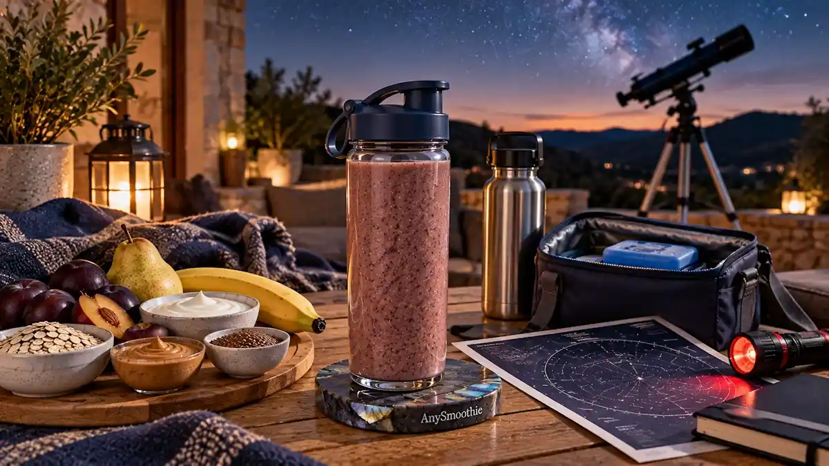 Smoothies for amateur astronomy nights featuring a portable black plum, banana, pear, oat, Greek yogurt, almond butter, and flaxseed smoothie beside a telescope and stargazing gear.