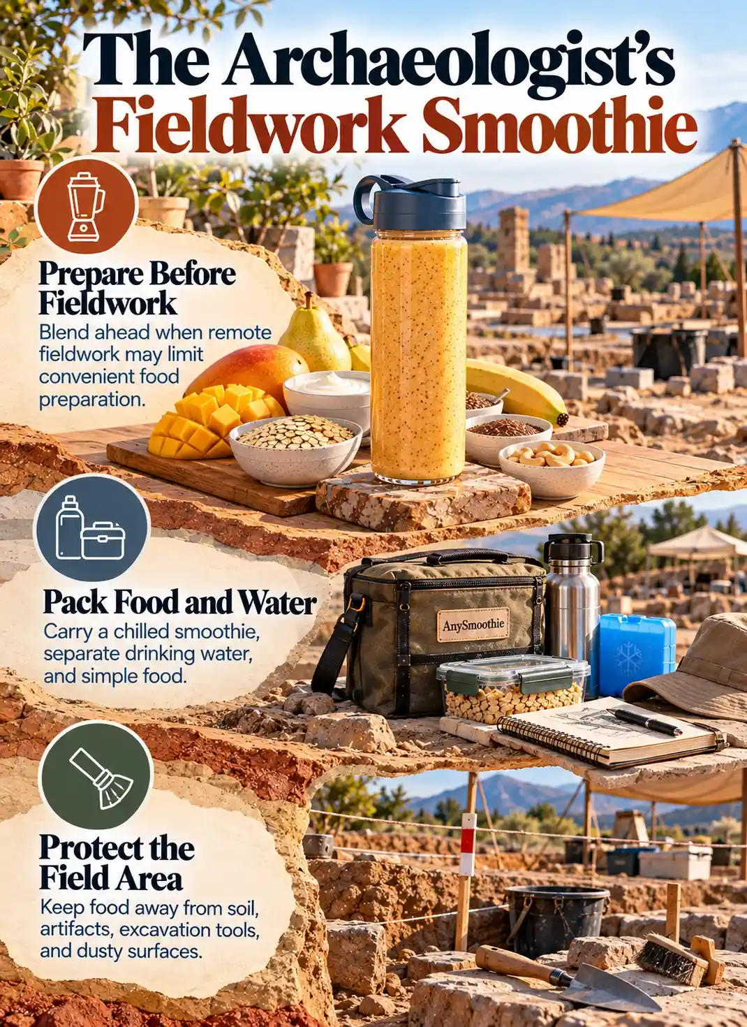 Smoothies for archaeologists infographic showing fieldwork smoothie preparation, food and water packing, and clean separation from excavation areas.