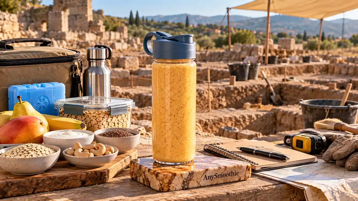 Smoothies for archaeologists featuring a portable mango, yellow pear, banana, oat, Greek yogurt, cashew butter, and flaxseed smoothie in an archaeological fieldwork setting.