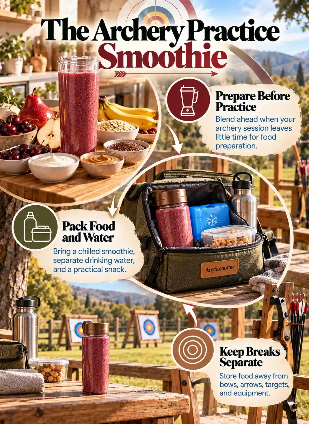 Smoothies for archery practice infographic featuring a cherry-plum smoothie, food and water packing essentials, and guidance on keeping refreshments separate from archery equipment.