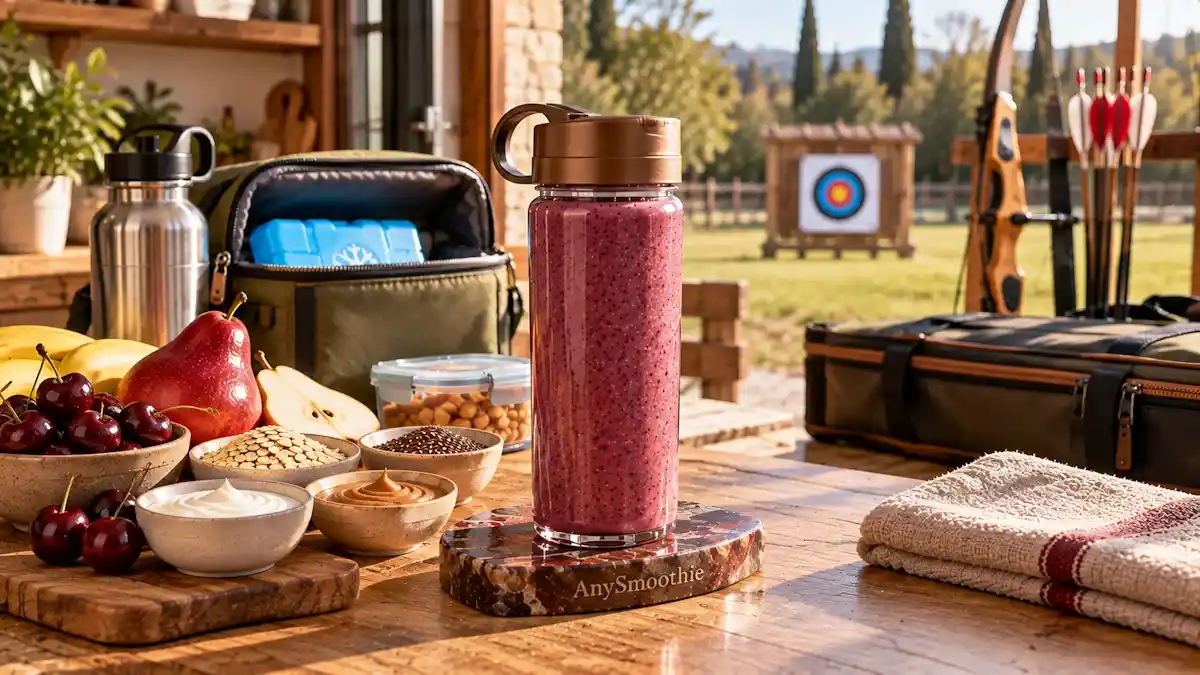 Smoothies for archery practice featuring a deep cherry-plum smoothie made with black cherries, red pear, banana, oats, Greek yogurt, almond butter, and flaxseed, prepared beside an insulated lunch bag and water bottle at an outdoor archery range.