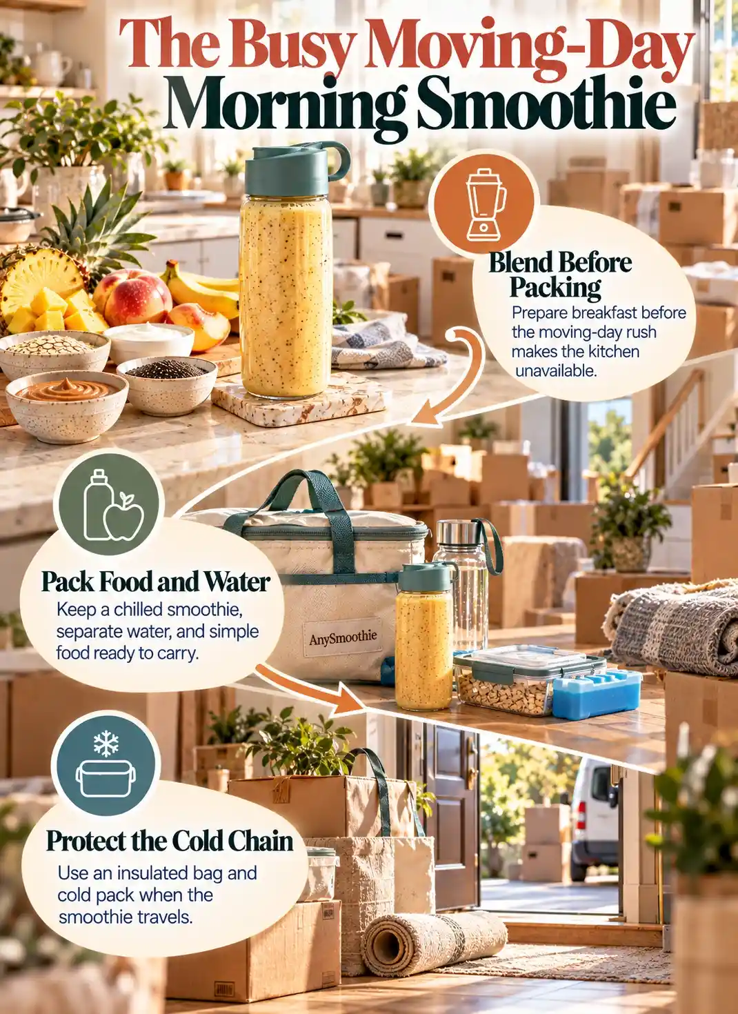 Smoothies for busy moving mornings infographic showing breakfast preparation, practical food and water packing, and chilled smoothie storage during a moving day.