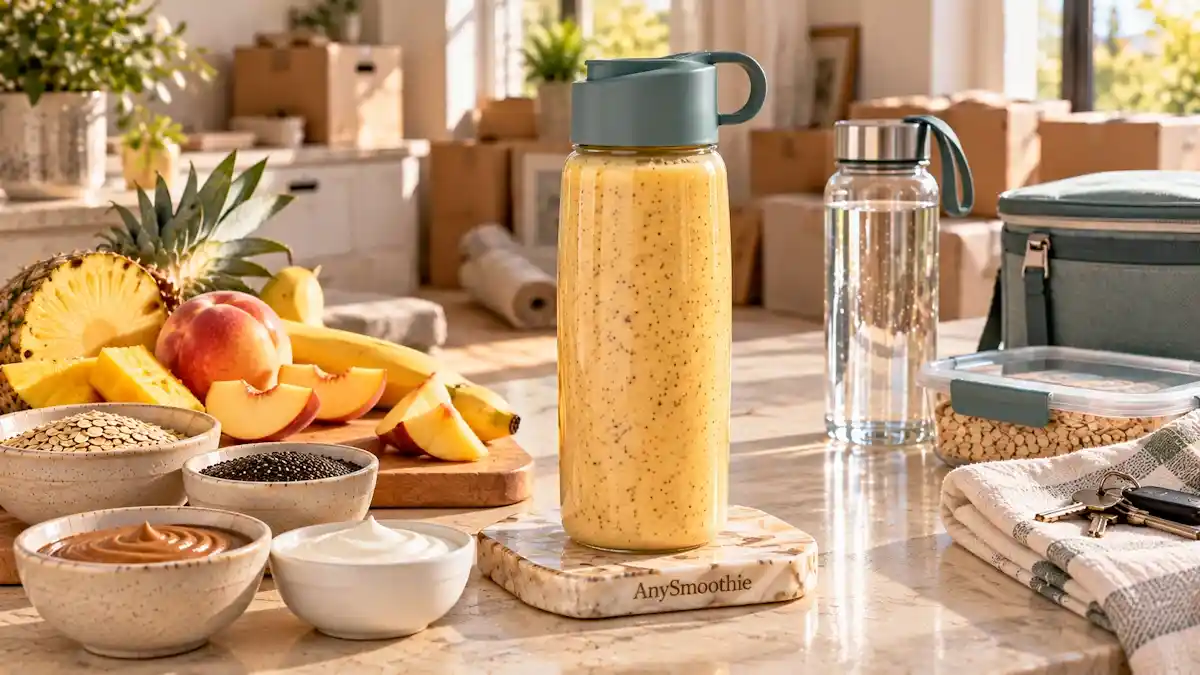 Smoothies for busy moving mornings featuring a portable pineapple, white peach, banana, oat, Greek yogurt, almond butter, and chia seed smoothie prepared in a bright kitchen.