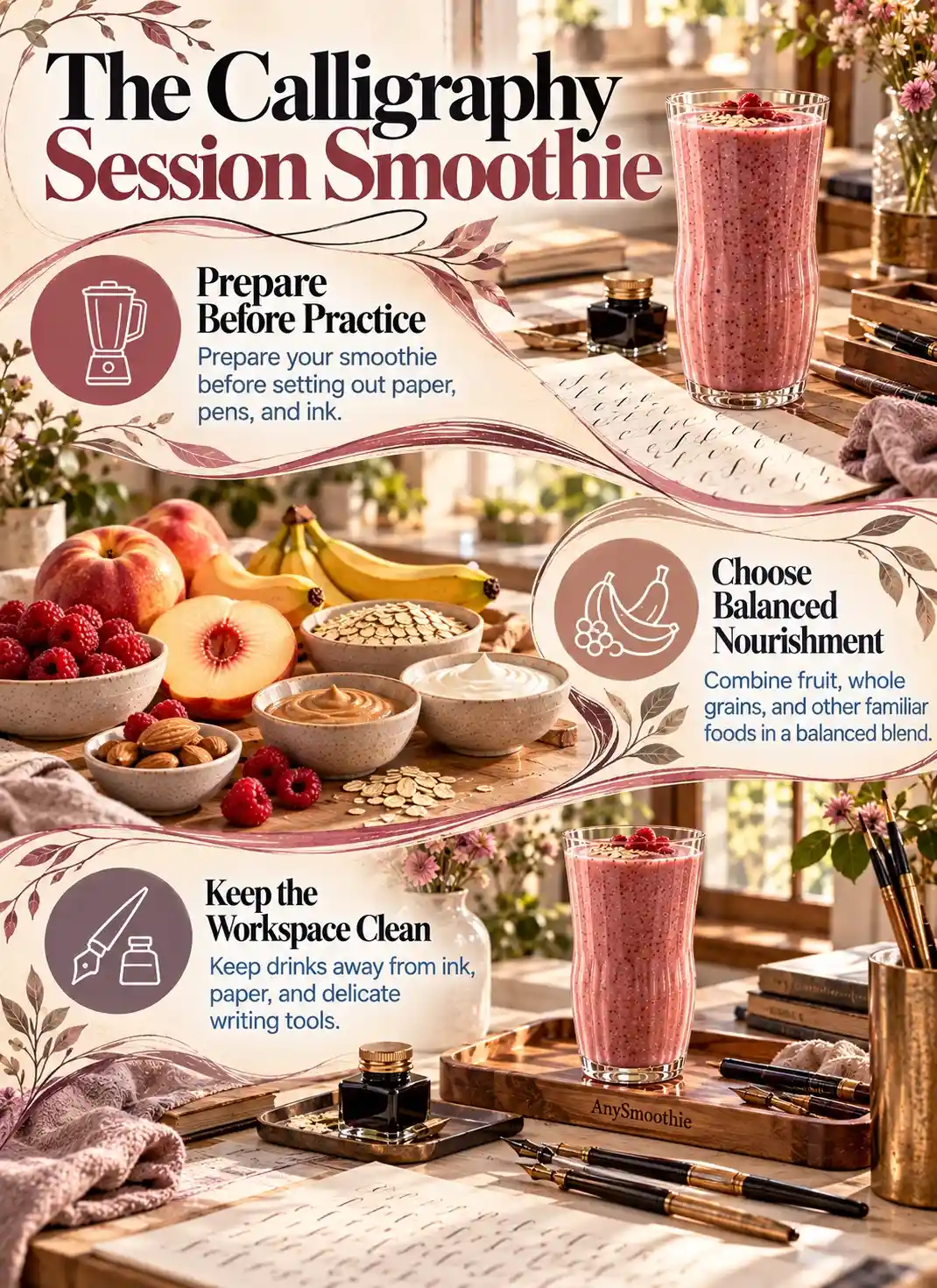 Smoothies for calligraphy sessions infographic showing smoothie preparation, balanced nourishment, and a clean workspace separated from ink and writing tools.