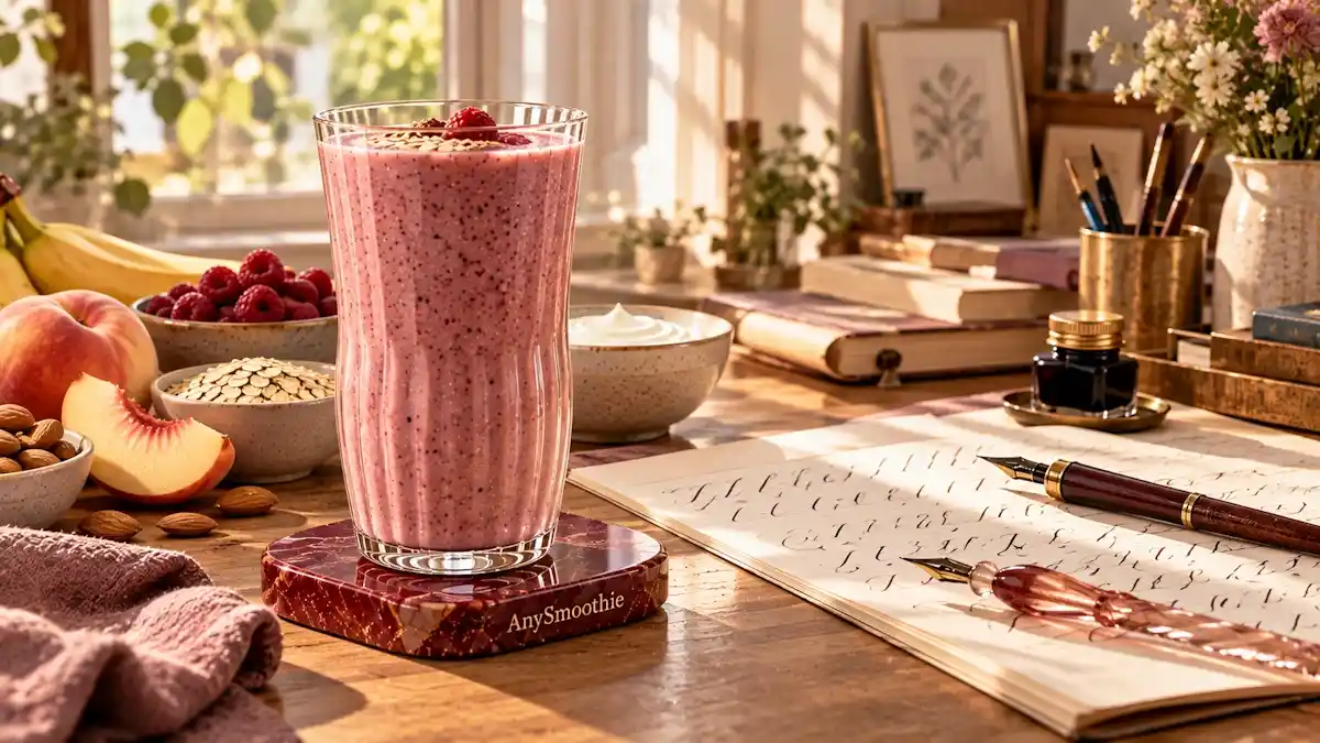 Smoothies for calligraphy sessions featuring a soft dusty-rose smoothie made with raspberries, white peach, banana, oats, Greek yogurt, and almond butter in a sunlit calligraphy workspace.