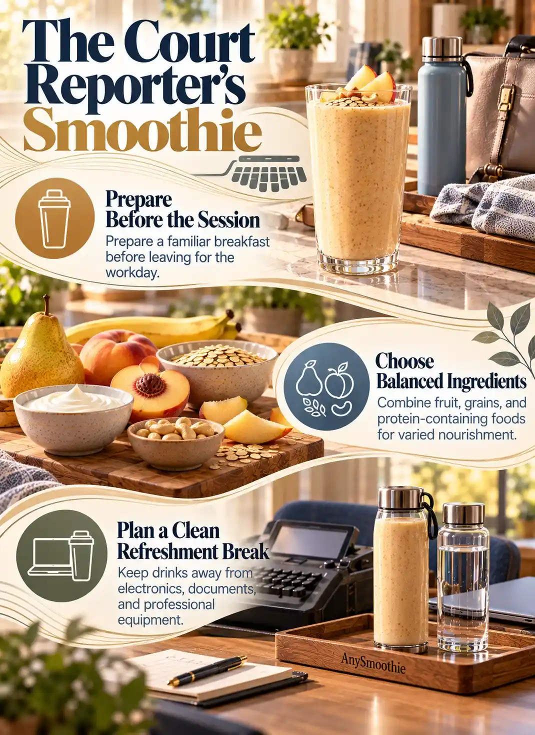 Smoothies for court reporters infographic showing breakfast preparation, balanced smoothie ingredients, and a clean refreshment break away from professional equipment.