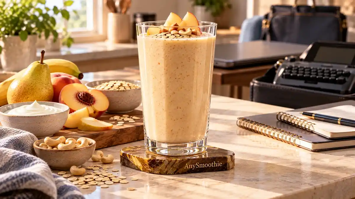 Smoothies for court reporters featuring a warm golden-pear smoothie made with yellow pear, white peach, banana, oats, Greek yogurt, and cashew butter in a professional home kitchen.