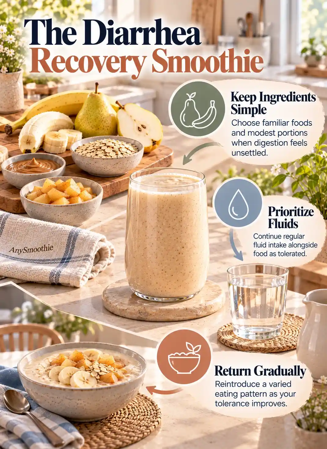 Smoothies for diarrhea recovery infographic showing simple foods, regular fluids, and a gradual return to a varied eating pattern with a gentle banana, pear, apple, and oat smoothie.