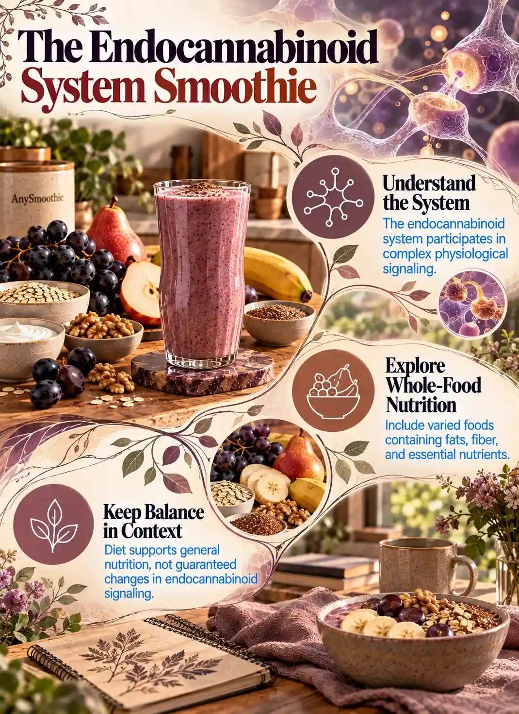 Smoothies for endocannabinoid system balance infographic showing biological signaling, whole-food nutrition, and dietary variety with a grape and pear smoothie.