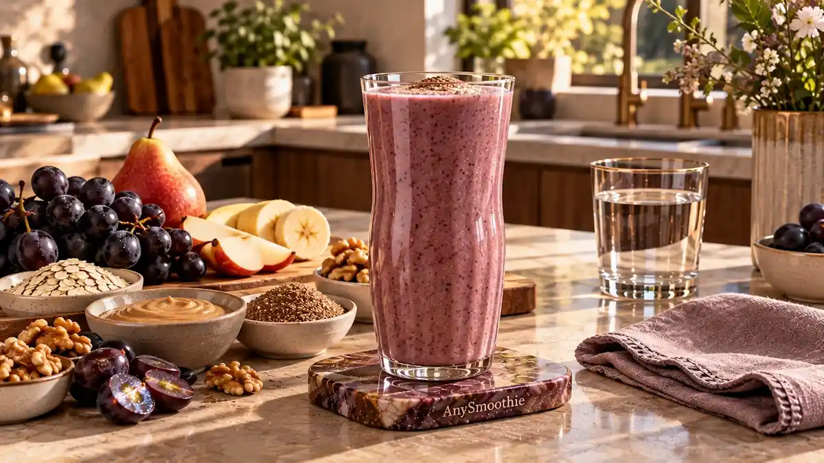 Smoothies for endocannabinoid system balance featuring a smoky mauve-plum smoothie made with black grapes, red pear, banana, oats, Greek yogurt, walnut butter, and ground flaxseed.