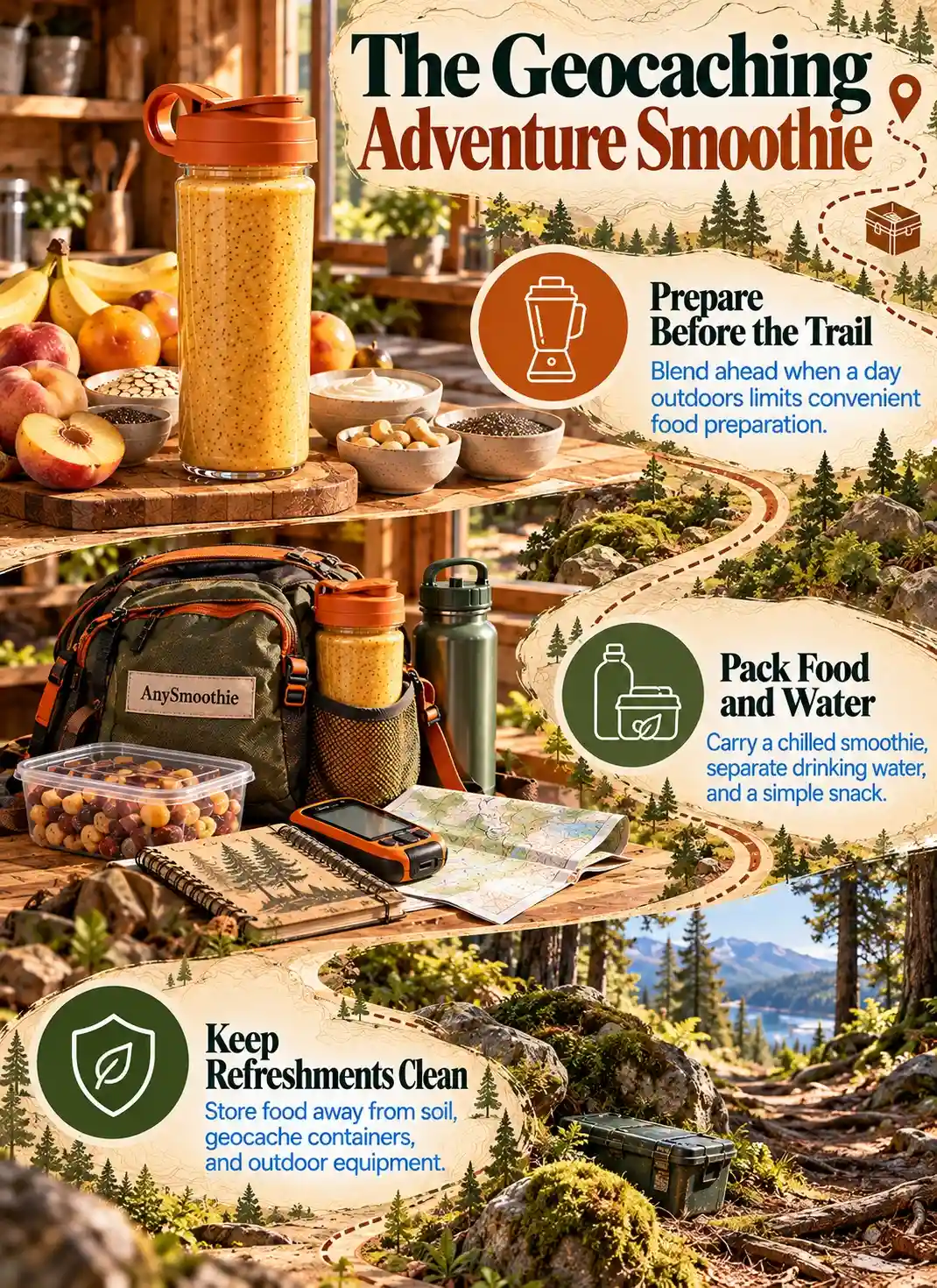 Smoothies for geocaching adventures infographic showing smoothie preparation, food and water packing, and clean storage along a woodland trail.