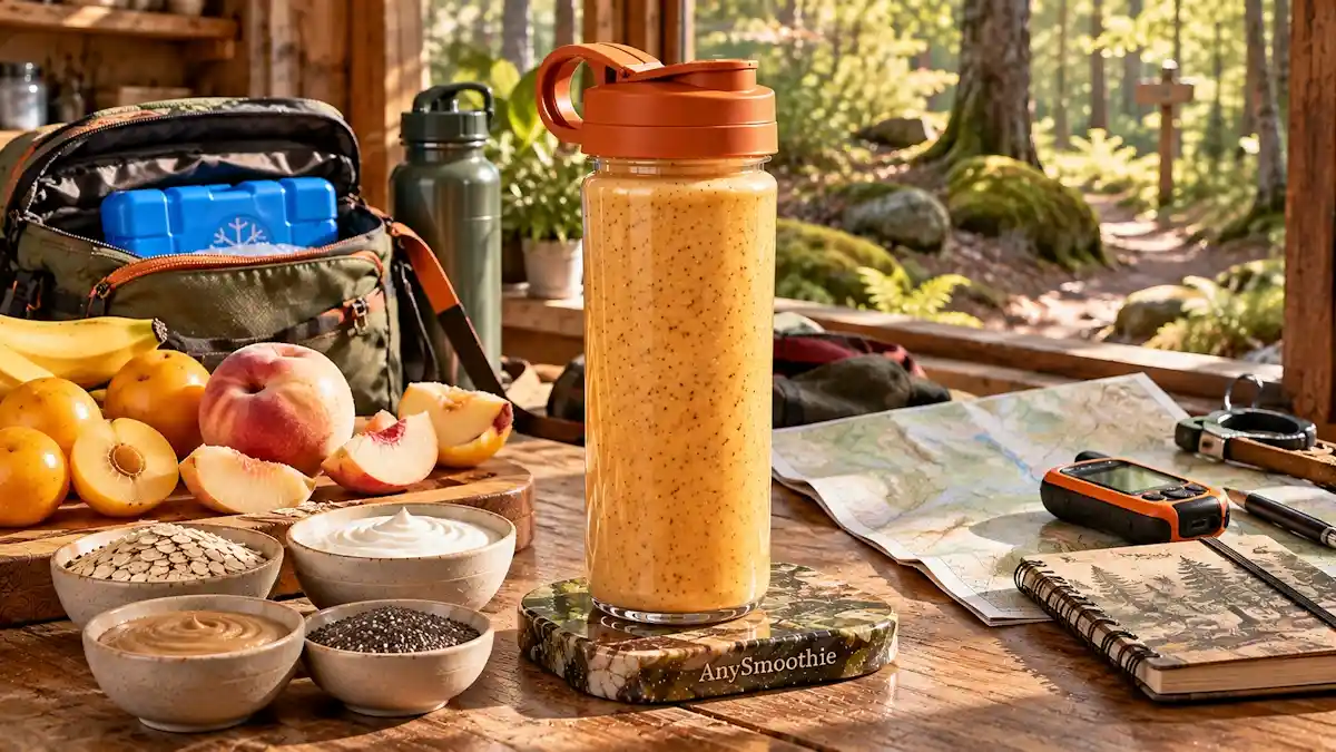Smoothies for geocaching adventures featuring a soft golden-apricot smoothie made with yellow plum, white peach, banana, oats, Greek yogurt, cashew butter, and chia seeds.