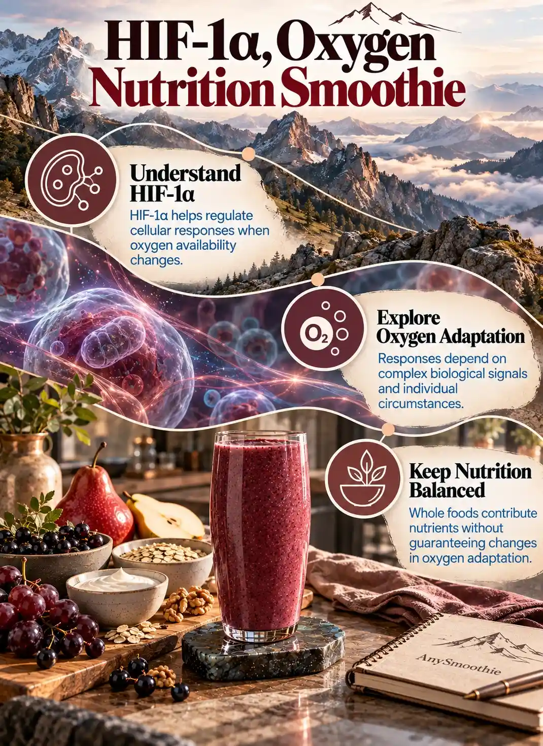 Smoothies for HIF-1α and oxygen adaptation infographic showing HIF-1α cellular signaling, oxygen availability, and balanced whole-food nutrition with a garnet-plum smoothie.