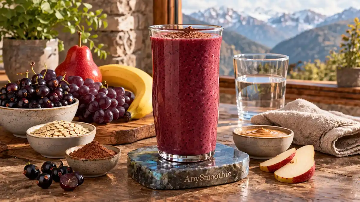 Smoothies for HIF-1α and oxygen adaptation featuring a deep garnet-plum smoothie made with blackcurrants, dark purple grapes, red pear, banana, oats, Greek yogurt, walnut butter, and cacao in a mountain-inspired kitchen.