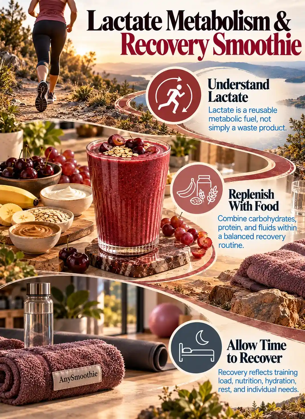 Smoothies for lactate metabolism and exercise recovery infographic showing lactate metabolism, balanced nutrition, hydration, and rest within a post-exercise routine.