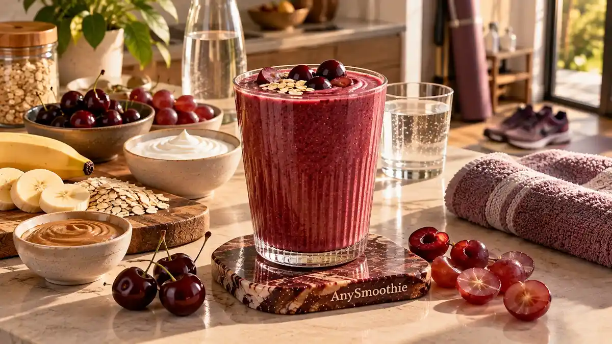 Smoothies for lactate metabolism and exercise recovery featuring a deep cherry-ruby smoothie made with black cherries, red grapes, banana, oats, Greek yogurt, tart cherry purée, and almond butter.