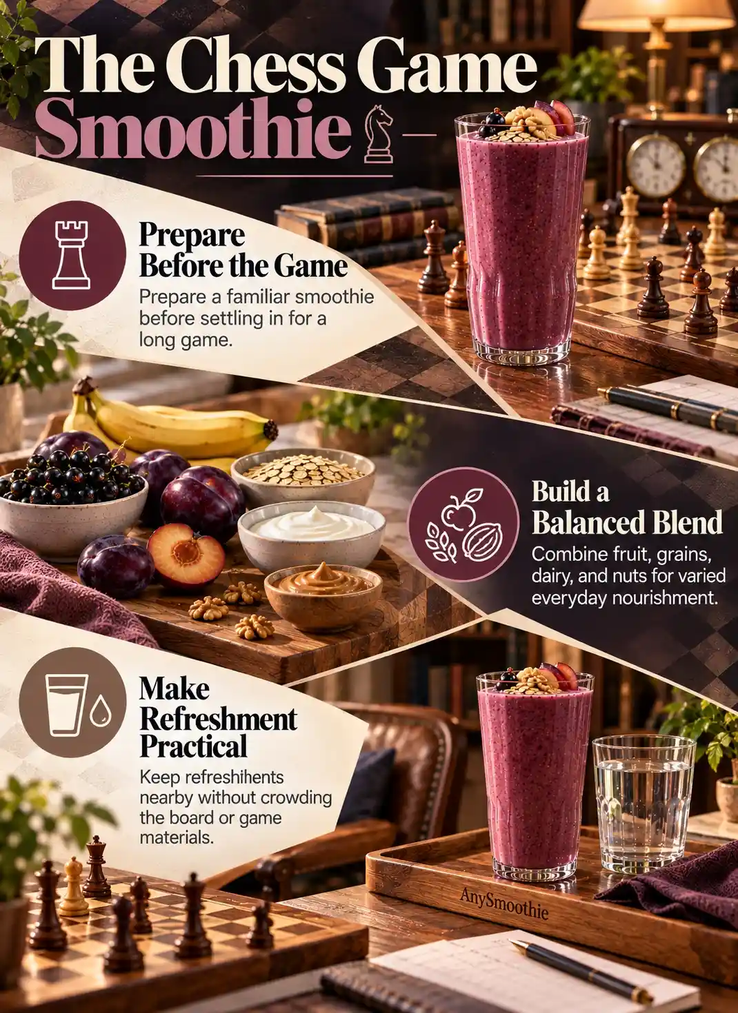Smoothies for long chess games infographic showing smoothie preparation, balanced ingredients, and practical refreshment beside a chess-playing area.