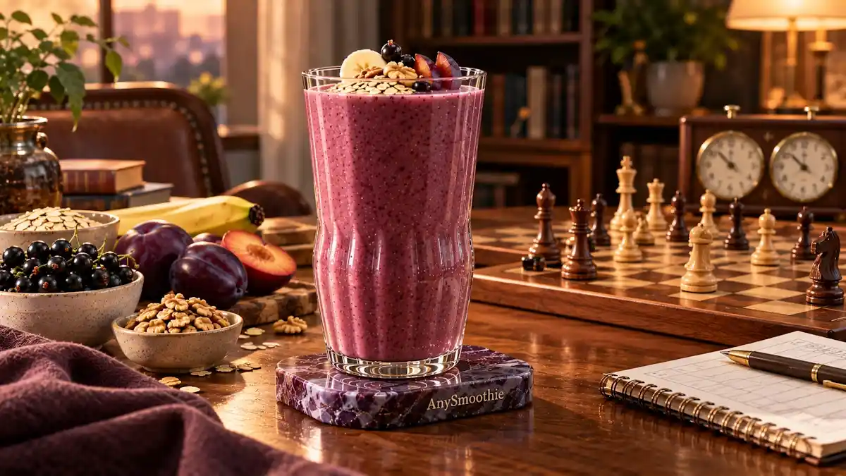 Smoothies for long chess games featuring a deep blackcurrant-plum smoothie with banana, oats, Greek yogurt, and walnut butter beside a wooden chessboard.