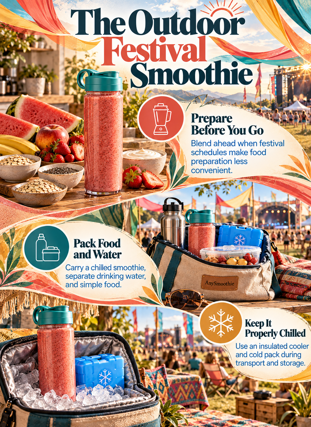 Smoothies for long days at outdoor festivals infographic showing preparation, food and water packing, and proper cold storage for a festival outing.