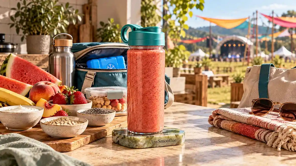 Smoothies for long days at outdoor festivals featuring a watermelon, peach, strawberry, banana, oat, Greek yogurt, and chia seed smoothie prepared for a summer festival outing