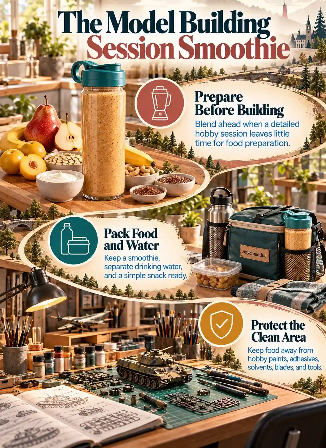Smoothies for model building projects infographic showing smoothie preparation, food and water packing, and clean separation from hobby paints, adhesives, solvents, blades, and tools.