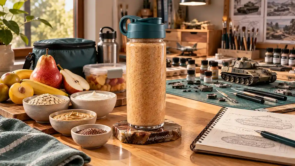 Smoothies for model building projects featuring a soft golden-pear smoothie made with yellow plum, red pear, banana, oats, Greek yogurt, cashew butter, and flaxseed in an organized hobby workspace.