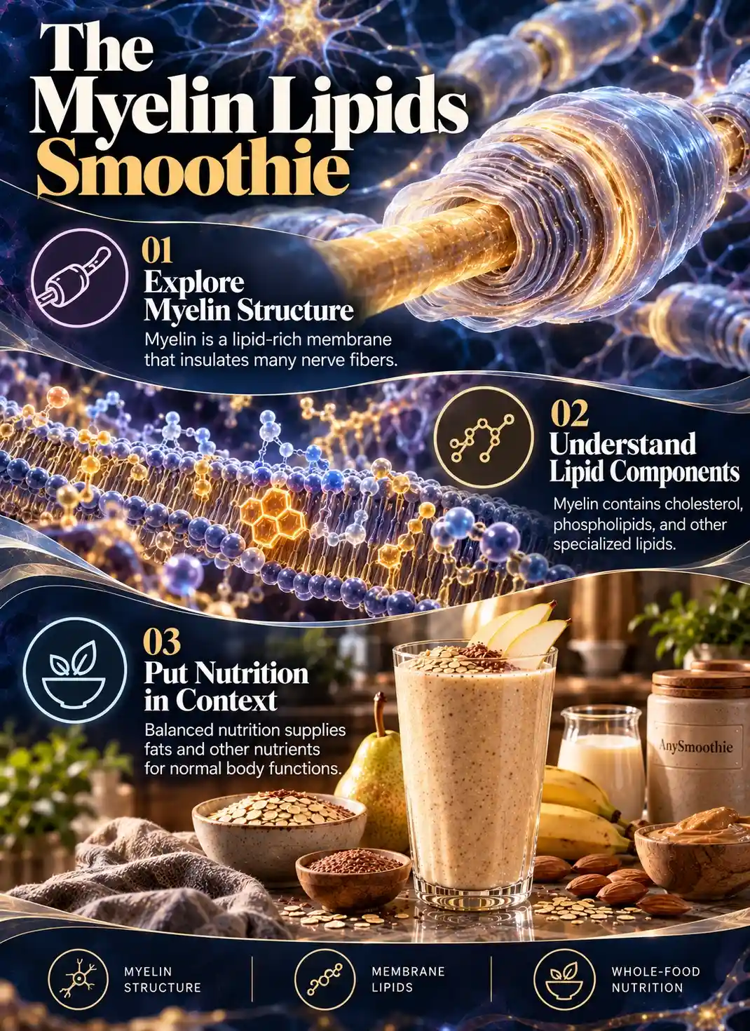 Smoothies for myelin lipid support infographic showing myelin structure, membrane lipids, and balanced whole-food nutrition with a pear and soy milk smoothie.