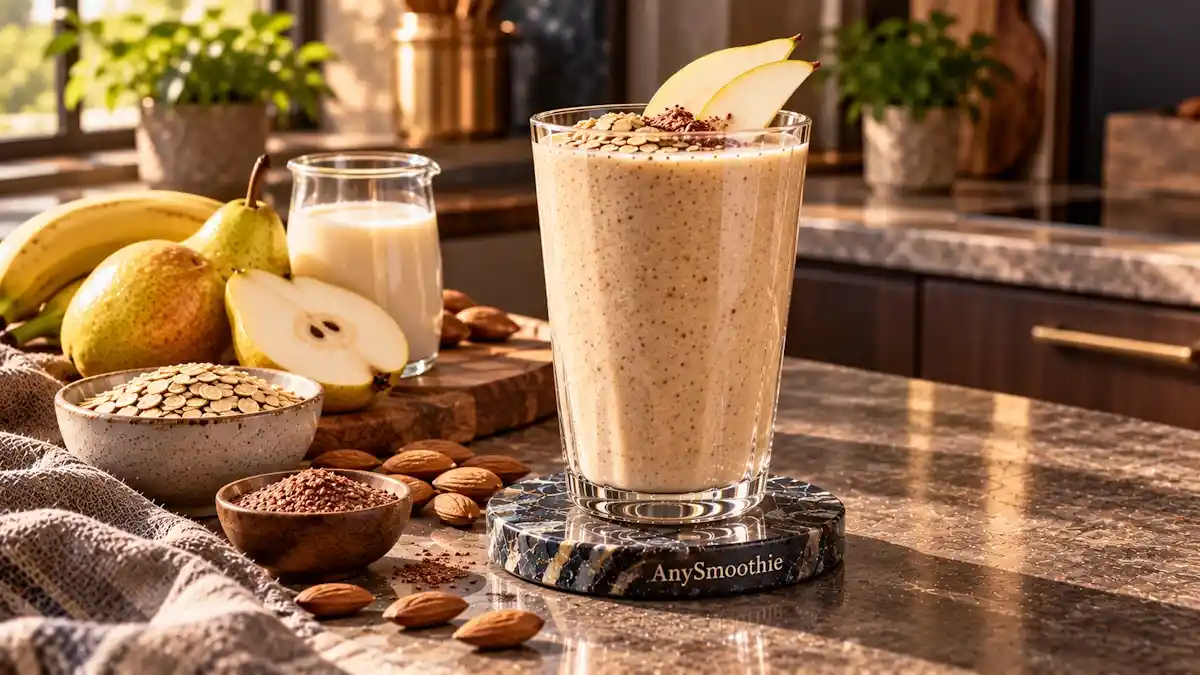 Smoothies for myelin lipid support featuring a creamy golden-pear smoothie made with unsweetened soy milk, pear, banana, oats, almond butter, and ground flaxseed.