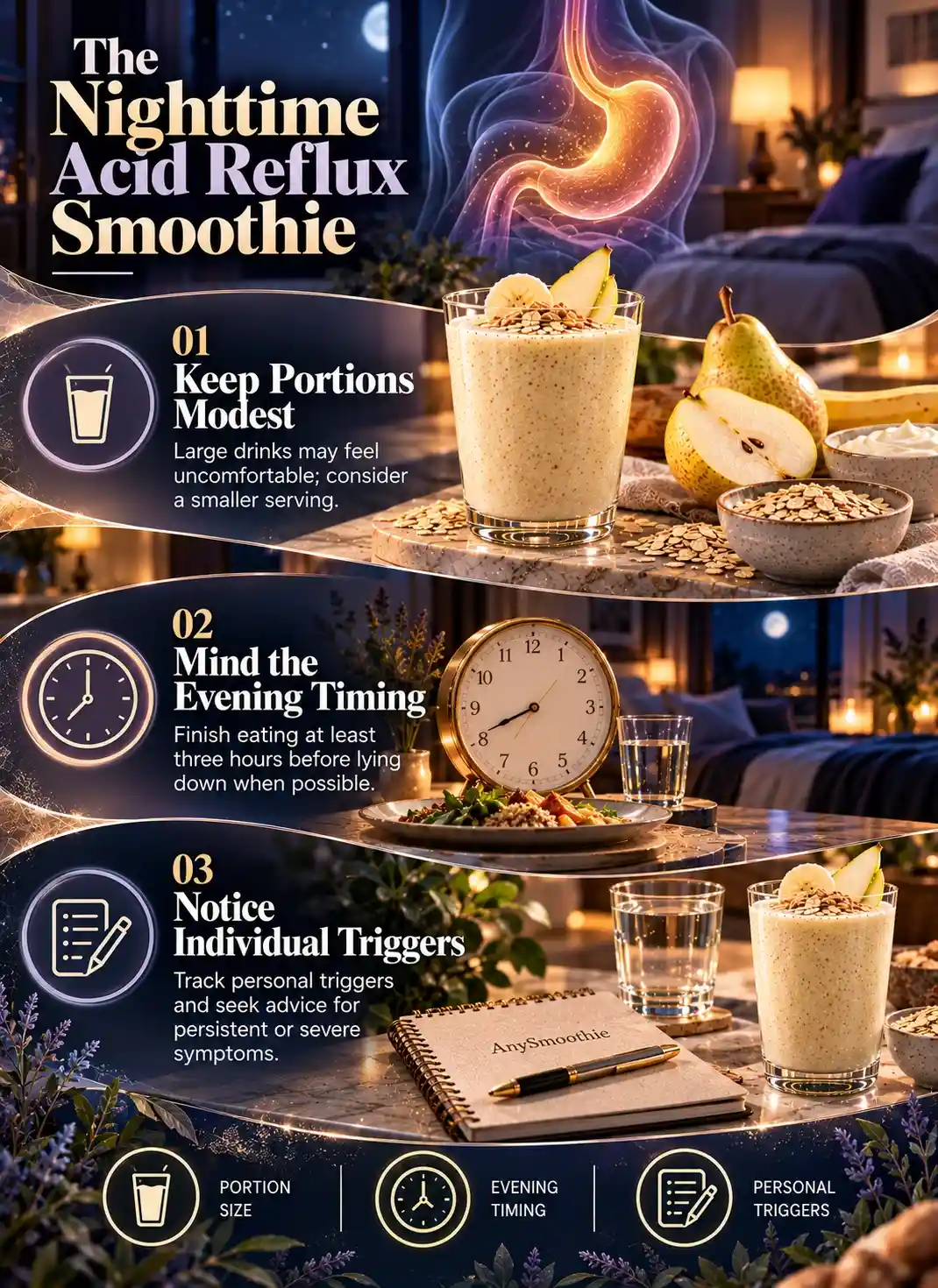 Smoothies for nighttime acid reflux infographic showing modest portions, evening meal timing, and personal trigger tracking in a calm nighttime routine.