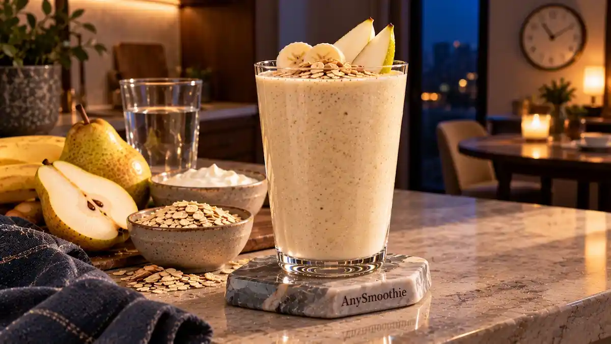 Smoothies for nighttime acid reflux featuring a soft pear-vanilla smoothie made with pear, banana, oats, and plain yogurt in a calm evening kitchen.