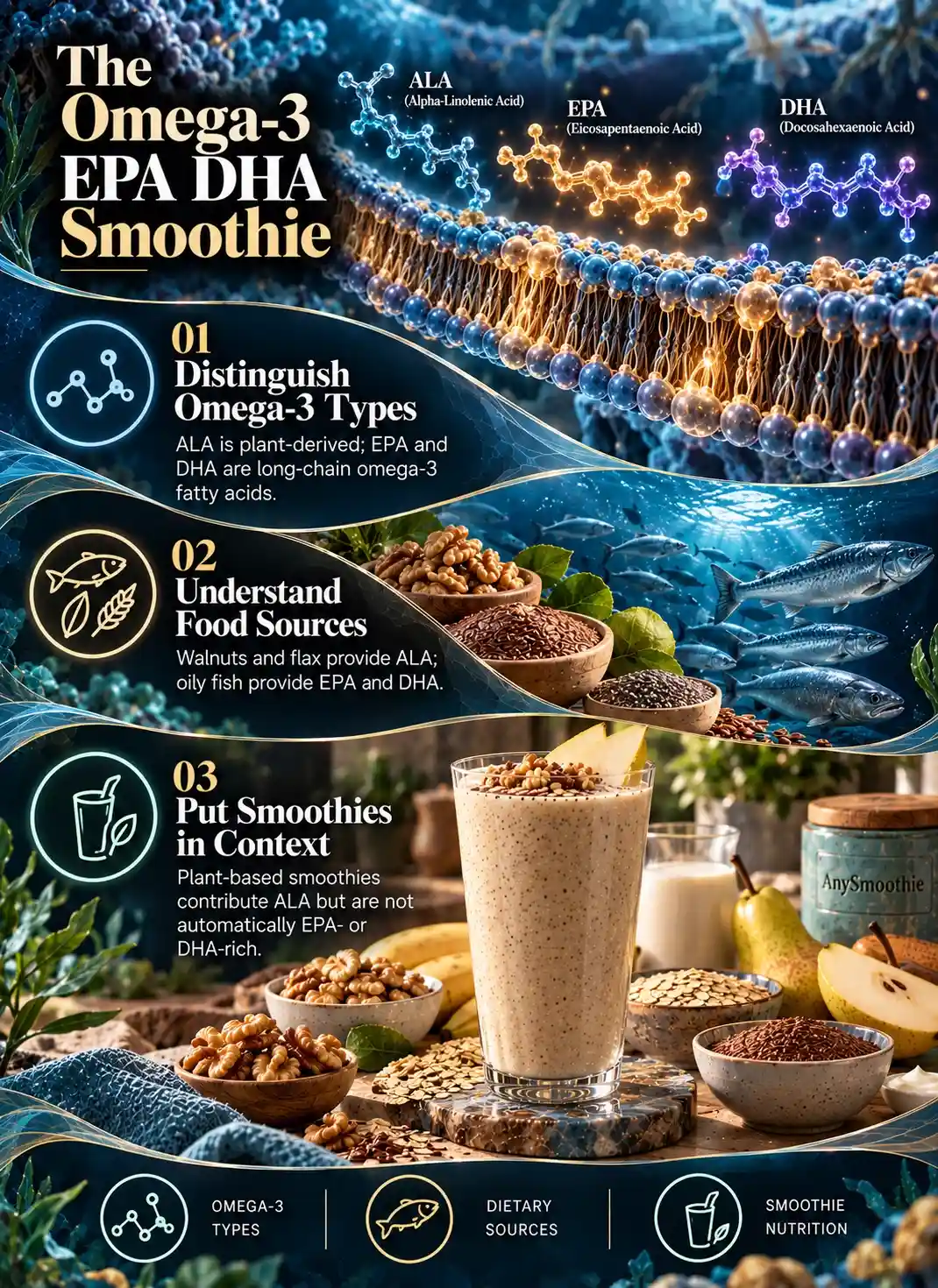 Smoothies for omega 3 EPA and DHA intake infographic explaining ALA, EPA and DHA differences, dietary sources, and the role of plant-based smoothies.
