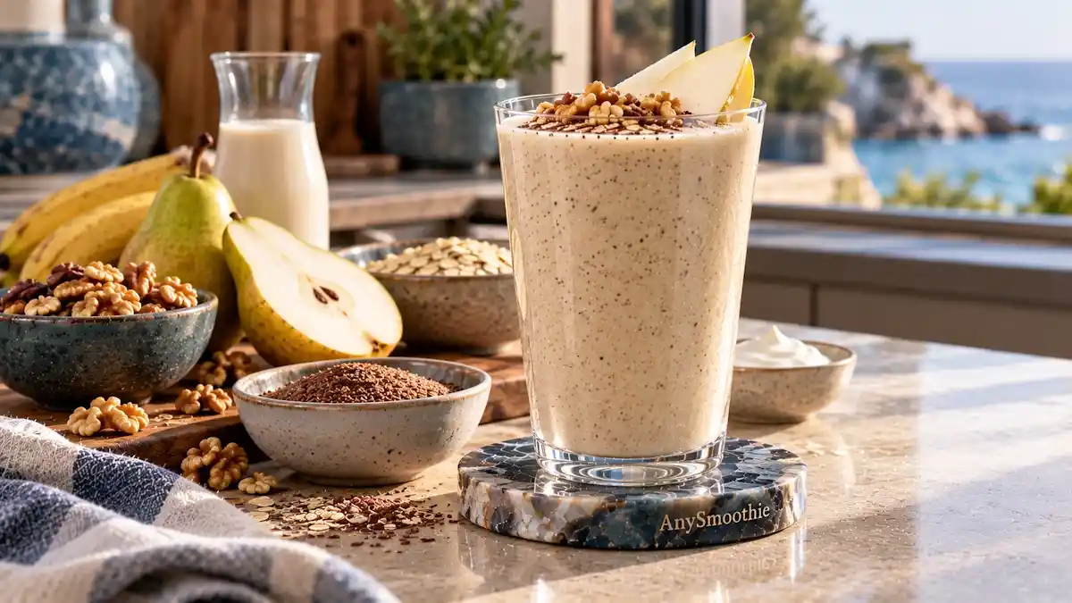 Smoothies for omega 3 EPA and DHA intake featuring a creamy pear smoothie made with unsweetened soy milk, pear, banana, oats, Greek yogurt, ground flaxseed, and walnut butter.