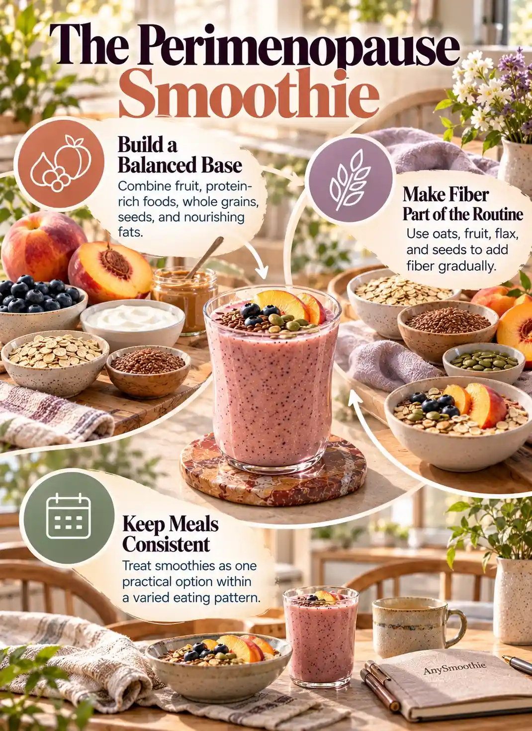 Smoothies for perimenopause infographic featuring a peach, blueberry, banana, oat, Greek yogurt, almond butter, flaxseed, and pumpkin seed smoothie with guidance on balanced foods, fiber, and consistent meals.